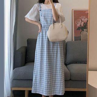 Short-sleeve Blouse / Plaid Midi A-line Overall Dress / Set