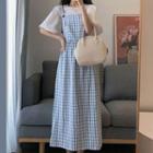 Short-sleeve Blouse / Plaid Midi A-line Overall Dress / Set