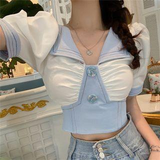 Two-tone Panel Short-sleeve Cropped Top