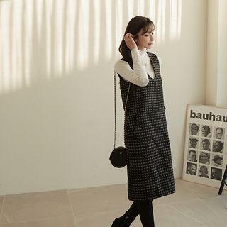 V-neck Sleeveless Wool Blend Checked Dress