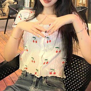 Short-sleeve Cherry Print Ribbed T-shirt White - One Size