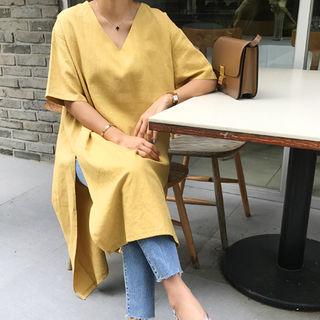 Linen V-neck Slit-side Dress