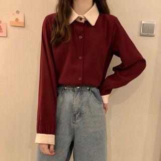 Contrast Trim Bow Long-sleeve Shirt