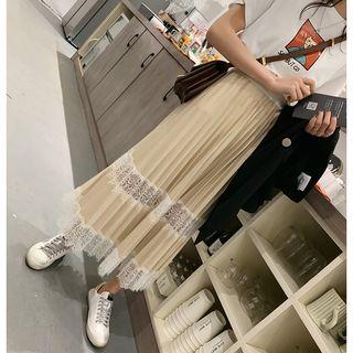 Pleated Lace Panel Midi Chiffon Skirt