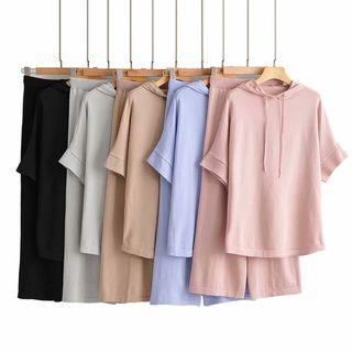Set: Elbow-sleeve Hoodie + Wide-leg Pants