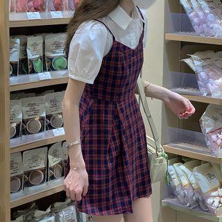 Puff-sleeve Mock Two-piece Plaid Mini A-line Dress