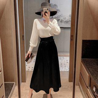 Set : Plain Midi Skirt + Mock-neck Cutout-front Blouse