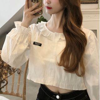 Ruffle Trim Long-sleeve Cropped Blouse White - One Size