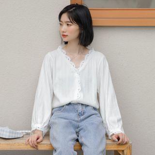 V Neck Lace Plain Long-sleeve Blouse