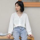 V Neck Lace Plain Long-sleeve Blouse