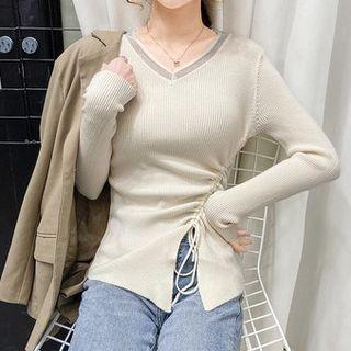 V-neck Drawstring Slit Knit Top