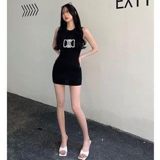 Window-back Printed Mini Tank Dress Black - One Size