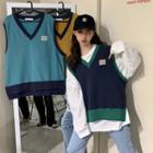 Plain Long-sleeve T-shirt / Contrast Trim Vest