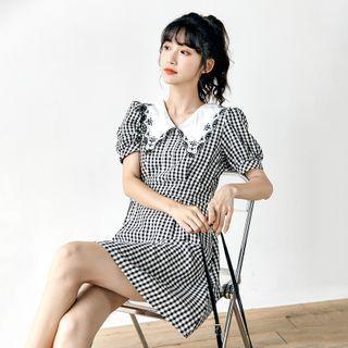 Short-sleeve Checked Embroidered Collar A-line Mini Dress