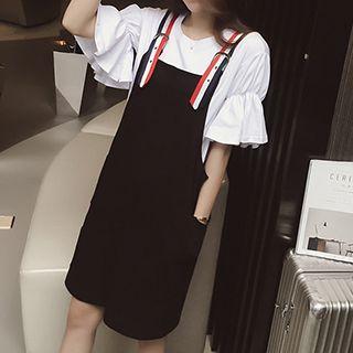 Set: Short-sleeve Frilled Top + Strapped Jumper Skirt