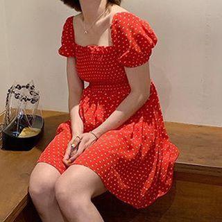 Square-neck Dotted Print Dress Red - One Size