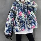 Splash Print Fleece Zipped Jacket White & Dark Blue & Pink - One Size