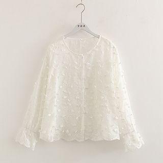 Long-sleeve Floral Embroidery Blouse White - One Size