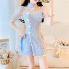 Set: Puff-sleeve Lace Slit-side Dress + Shorts