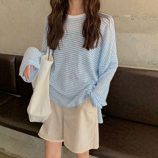 Long-sleeve Striped T-shirt Sky Blue - One Size