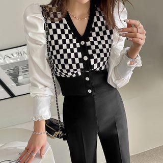 Puff-sleeve Contrast-panel Checked Cardigan