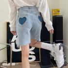 Heart Applique Frayed Denim Shorts