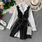 Set: Collared Long-sleeve Shift Dress + Contrast Stitching Tie-waist Long Vest