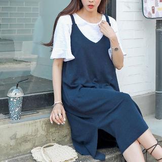 Set: Frill-sleeve Top + Spaghetti-strap Midi Dress