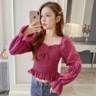 Long-sleeve Shirred Frill Trim Top