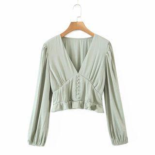 Long-sleeve V-neck Ruffled Trim Cropped Blouse