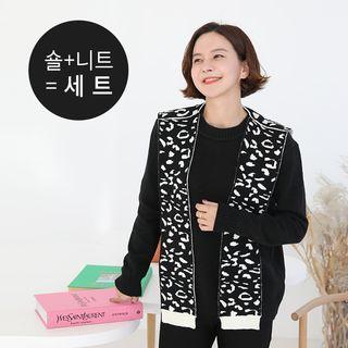 Set: Crew-neck Knit Top With Leopard Scarf