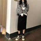 Leopard Print Pullover / Back Slit Midi Skirt