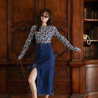 Long-sleeve Floral Print Top Floral - Blue - One Size