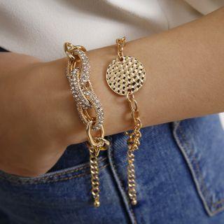 Set Of 2: Rhinestone Chain Bracelet 0309 - Gold - One Size