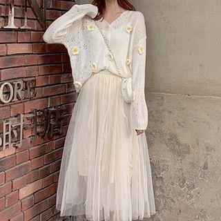 Floral-accent Cardigan / Pleated Midi Skirt