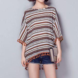 Tasseled 3/4 Sleeve Striped Top