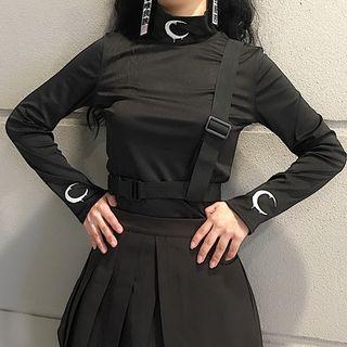 Mock Turtleneck Moon Embroidered Long-sleeve Top Black - One Size