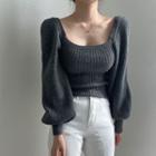 Puff-sleeve Plain Slim-fit Sweater