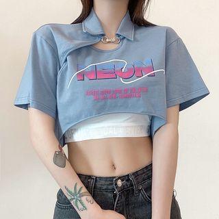 Set: Short-sleeve Lettering Cutout Crop Polo Shirt + Tube Top