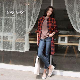 Drawstring-waist Checked Long Shirt