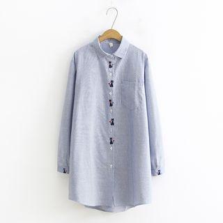 Cat Embroidered Long-sleeve Striped Shirt Blue - One Size