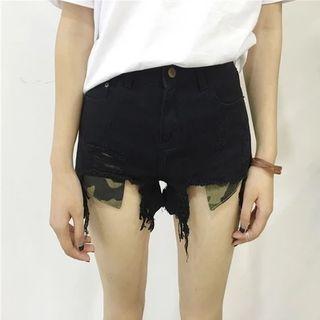 Camo Pocket Distressed Hem Denim Shorts