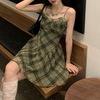 Spaghetti Strap Plaid Mini A-line Dress Green - One Size