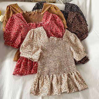 Puff-sleeve Floral Print Smocked Blouse