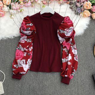Floral Print Panel Blouse Wine Red - One Size