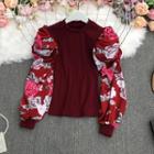 Floral Print Panel Blouse Wine Red - One Size