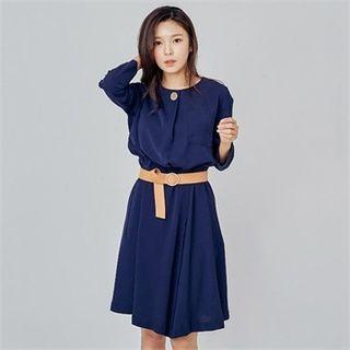 Elastic-waist Button-accent Dress With Belt