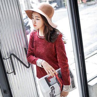 Lace Cuff Faux Pearl Long-sleeve Top
