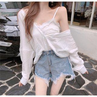 Set: Shirt + Spaghetti Strap Lace Top Set Of 2 - White - One Size