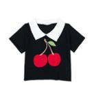Short-sleeve Collared Cherry Print Knit Top